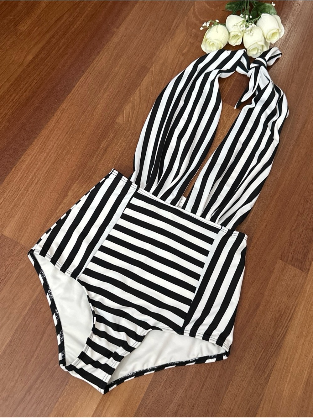 Black & White Striped Halter One-Piece Swimsuit